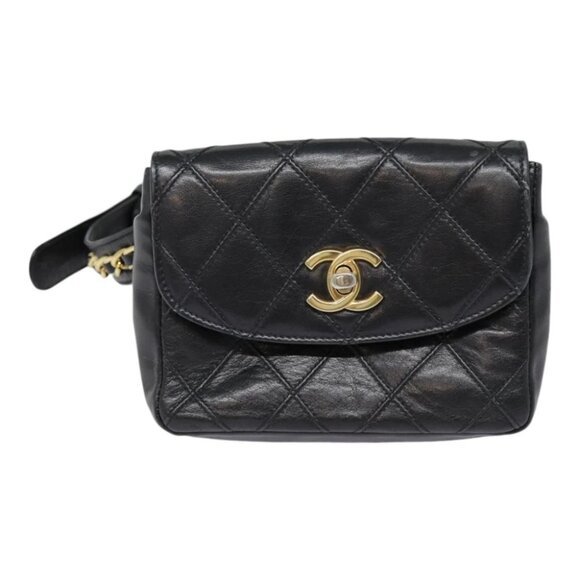 CHANEL Bicolore Turn Lock Chain Waist bag Leather Black Gold CC Auth yk14627 - Picture 1 of 15
